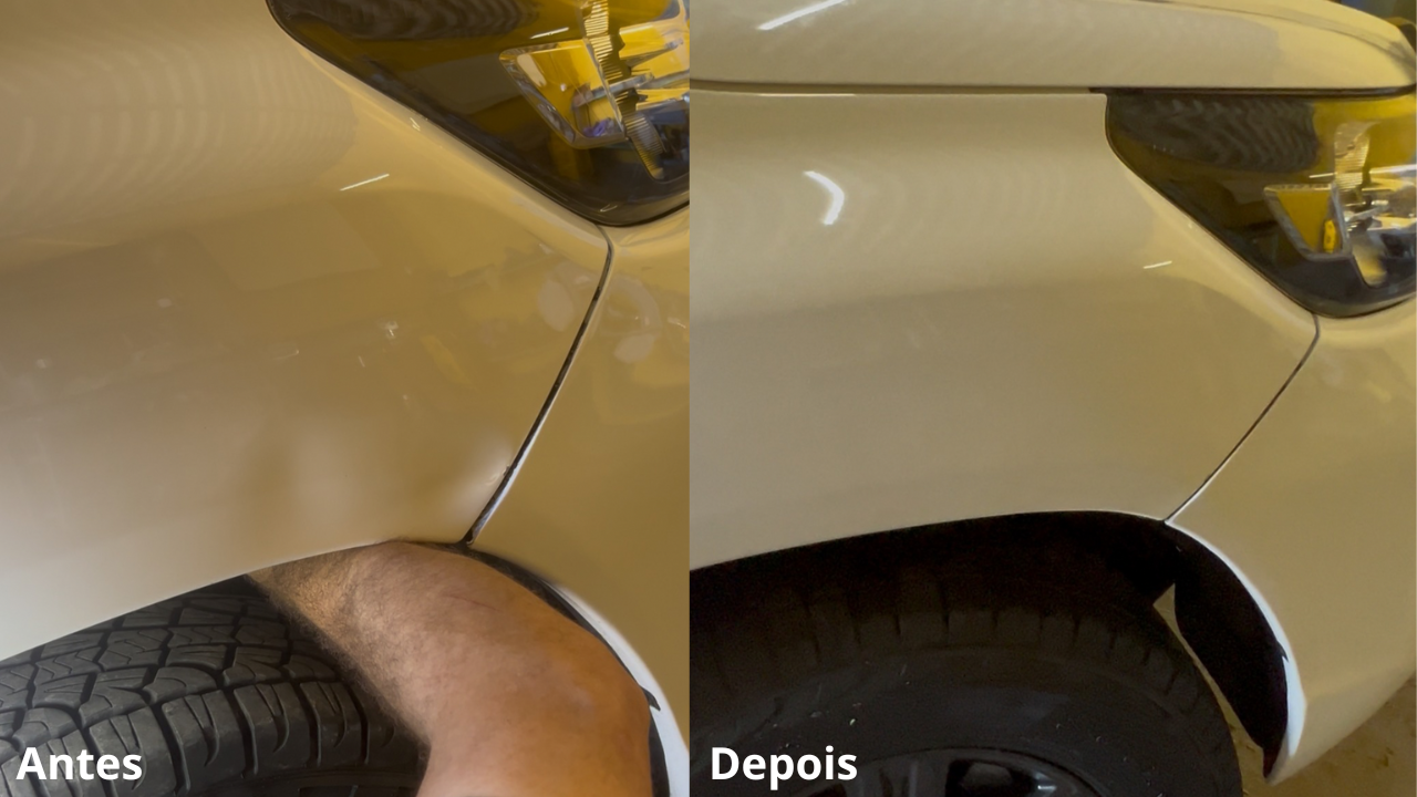 Antes e depois de um veículo com amassados, mostrando reparo perfeito